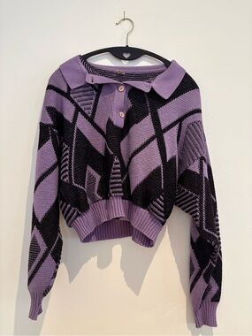 Vintage Cropped Purple and Black Geometric Knit Polo Sweater